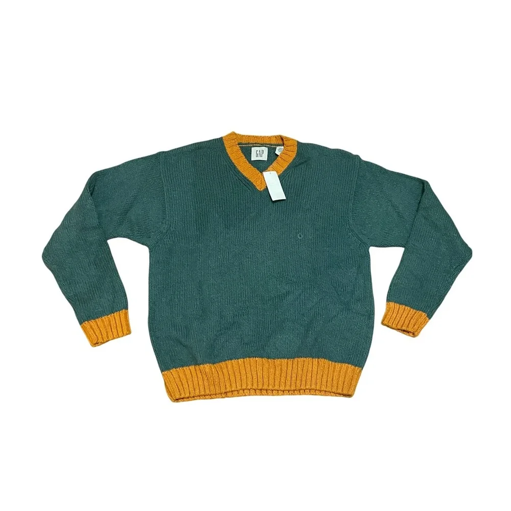 VTG Gap Men's S Tennis Preppy Shaker Knit V-Neck Sweater Green Orange Cotton NWT